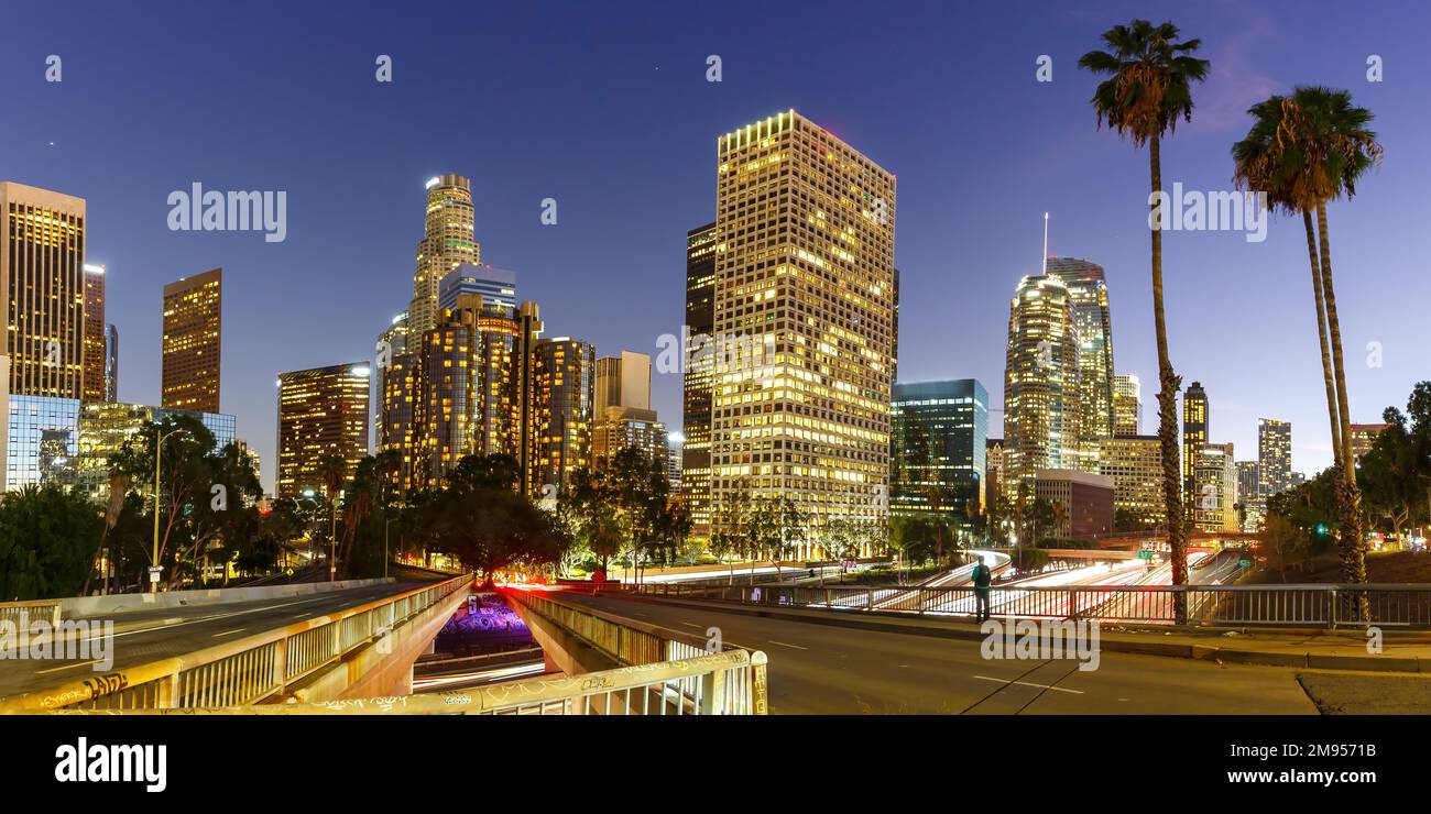 Downtown Los Angeles skyline cityscape with skyscrapers at twilight panorama travel in California in the United States Stock Photo