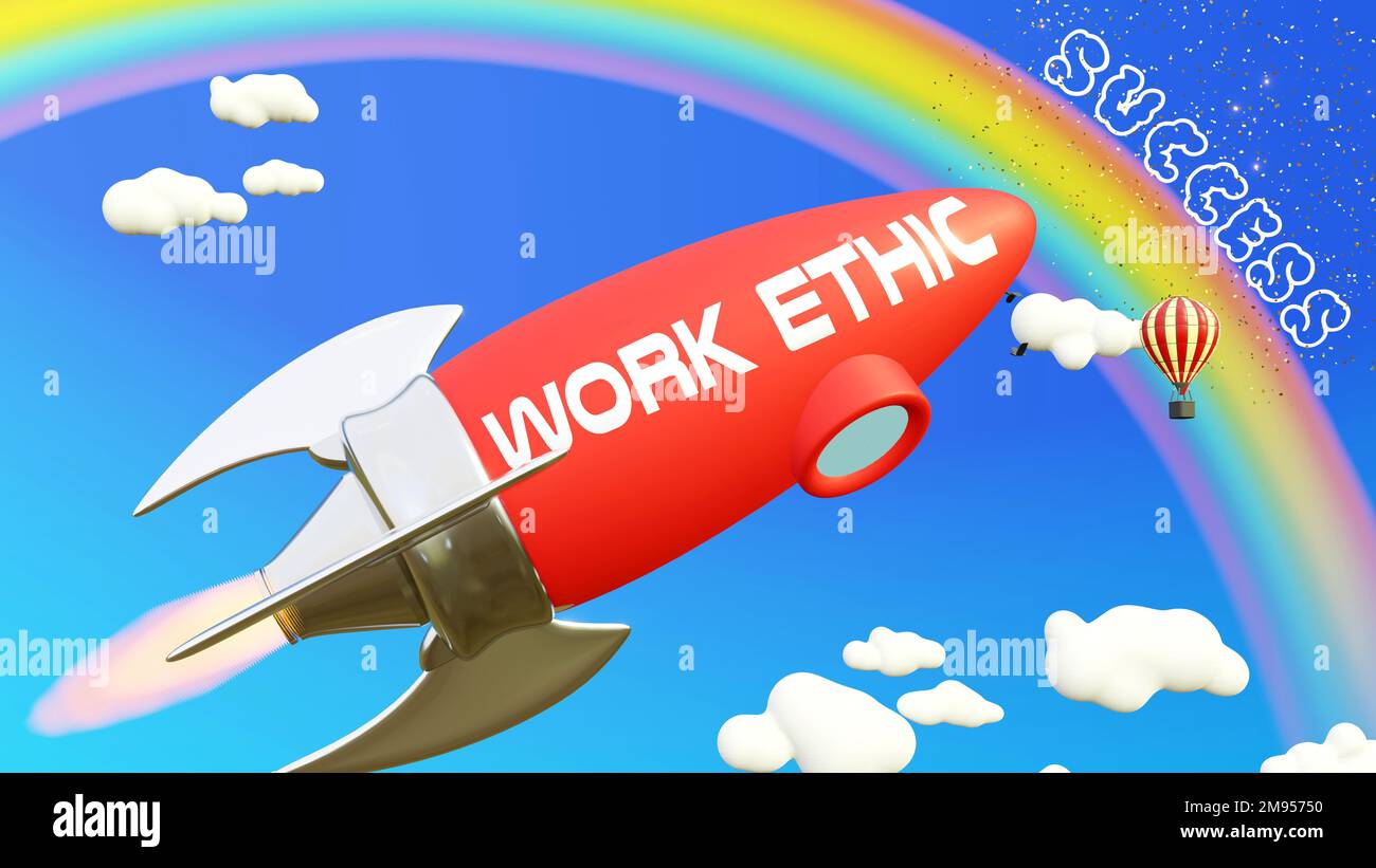 Work ethic lead to achieving success in business and life. Cartoon rocket labeled with text Work ethic, flying high in the blue sky to reach the rainb Stock Photo