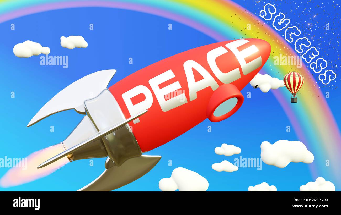 Peace lead to achieving success in business and life. Cartoon rocket labeled with text Peace, flying high in the blue sky to reach the rainbow, reward Stock Photo