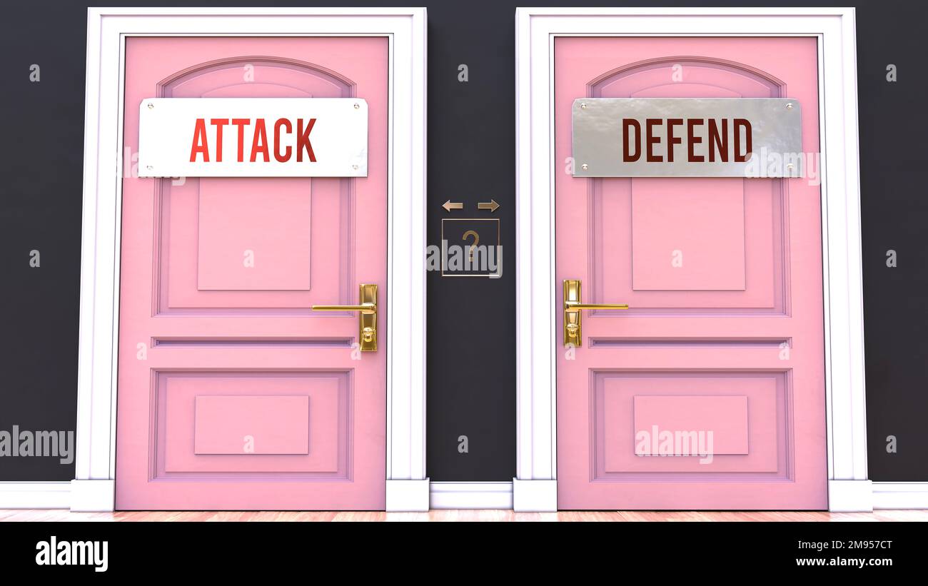 Attack or Defend - making decision by choosing either one. Two alternative options manifested as doors leading to different outcomes. Selection and pi Stock Photo