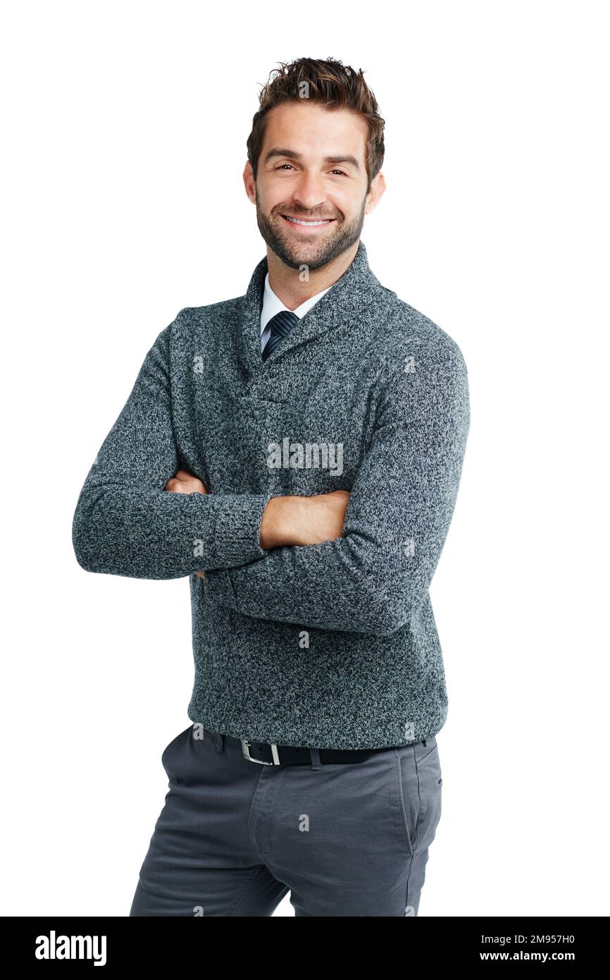 Business man, happy portrait and smile for motivation for leadership and corporate success in studio. Male model with arms crossed isolated on a white Stock Photo