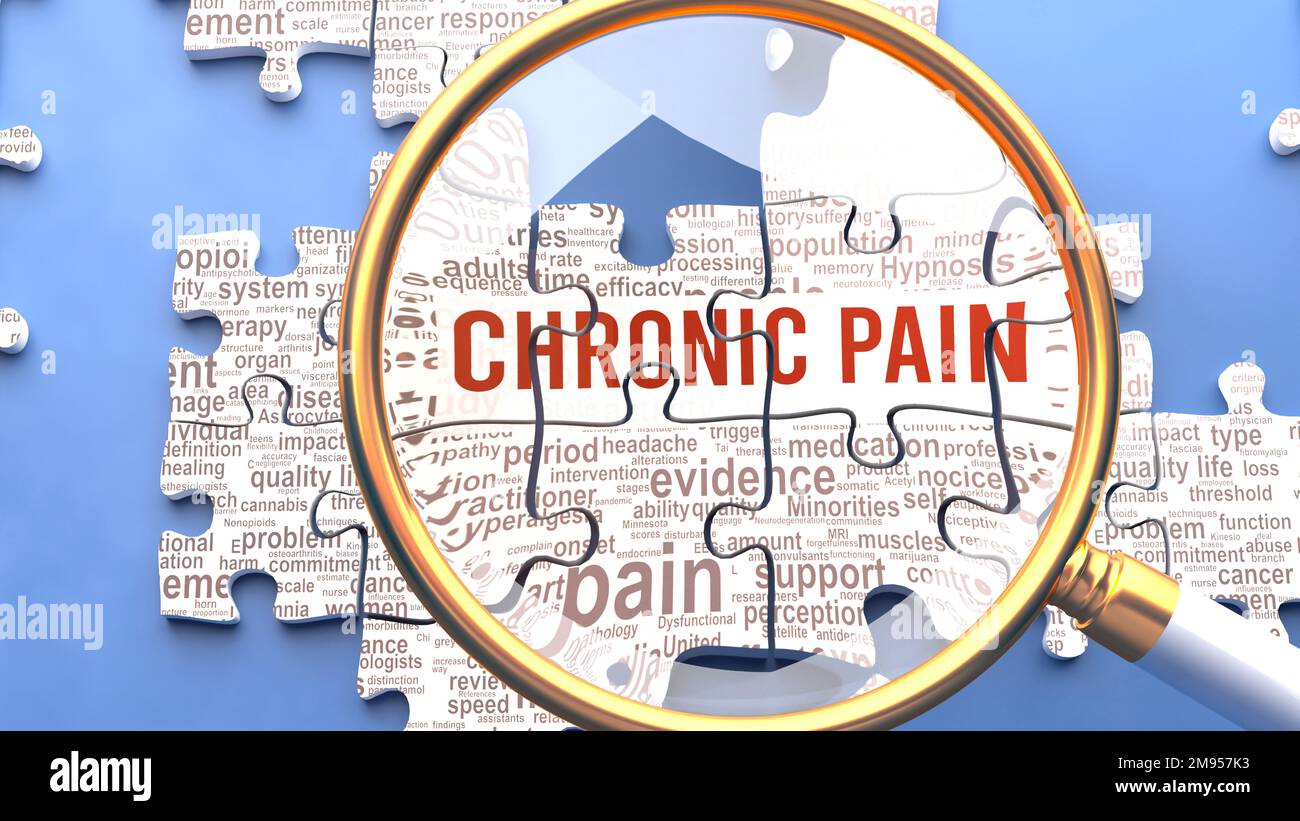 Chronic pain as a complex and multipart topic under close inspection. Complexity shown as matching puzzle pieces defining dozens of vital ideas and co Stock Photo