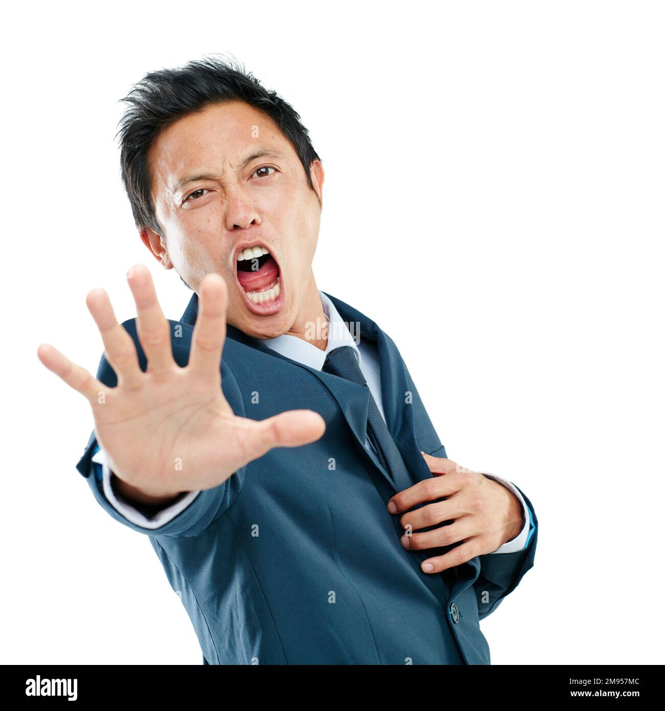 Businessman, angry and stop hand portrait with shouting, frustrated and unhappy face for stress. Asian corporate ceo screaming in distress on isolated Stock Photo