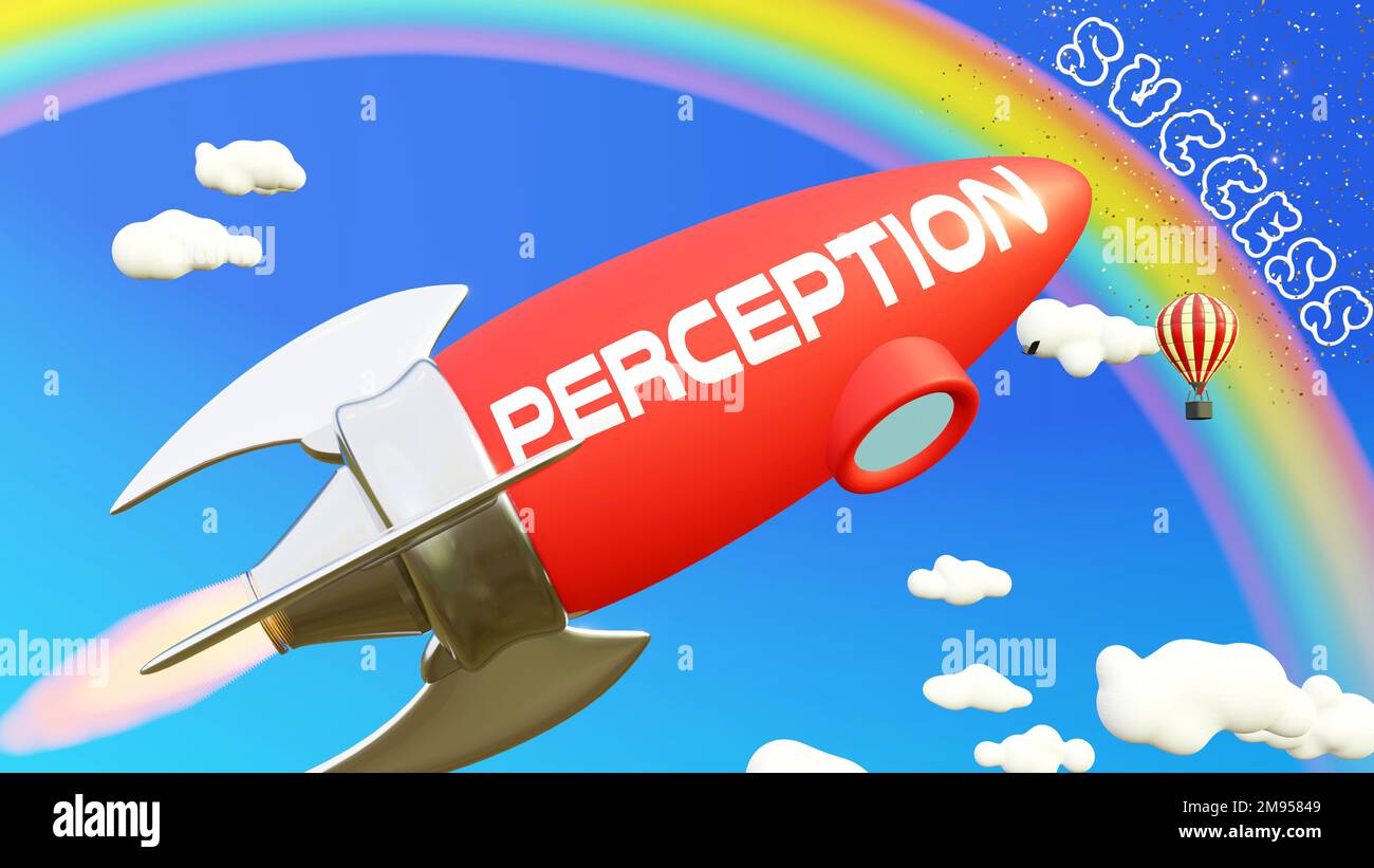 Perception lead to achieving success in business and life. Cartoon rocket labeled with text Perception, flying high in the blue sky to reach the rainb Stock Photo