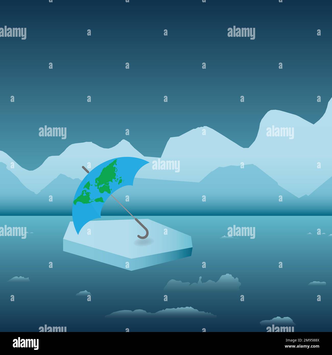 Umbrella with Earth map on it on an iceberg, conceptual vector Stock