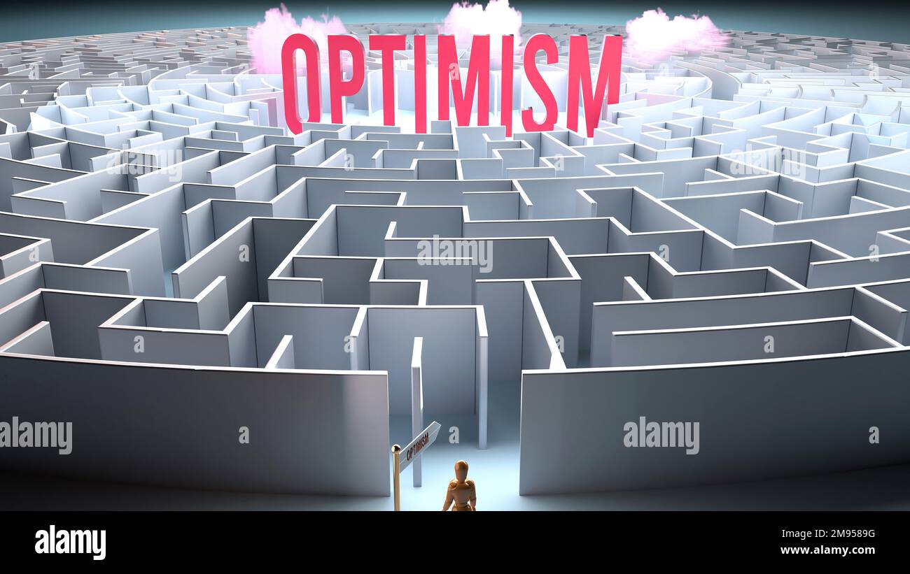 Optimism and a challenging path that leads to it - confusion and frustration in seeking it, complicated journey to Optimism,3d illustration Stock Photo