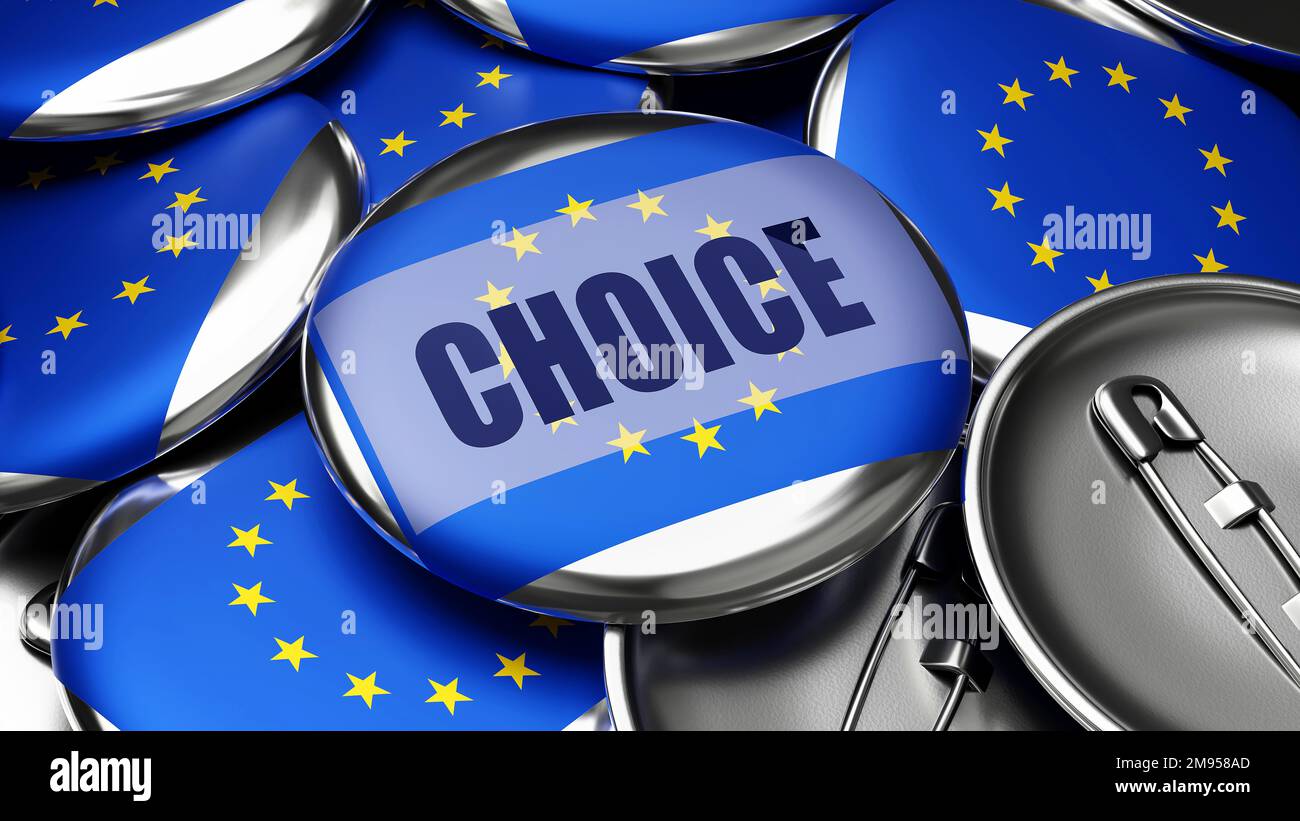 Choice in EU Europe - national flag of EU Europe on dozens of pinback buttons symbolizing upcoming Choice in this country. ,3d illustration Stock Photo