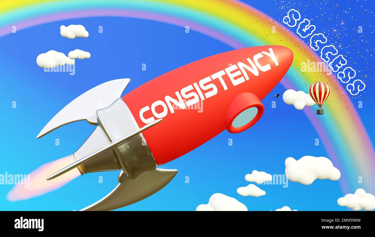 Consistency lead to achieving success in business and life. Cartoon rocket labeled with text Consistency, flying high in the blue sky to reach the rai Stock Photo