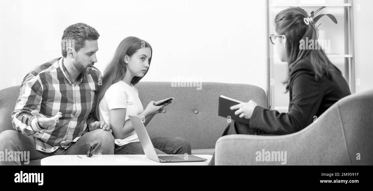 Psychologist give family therapy for dad mom and daughter girl