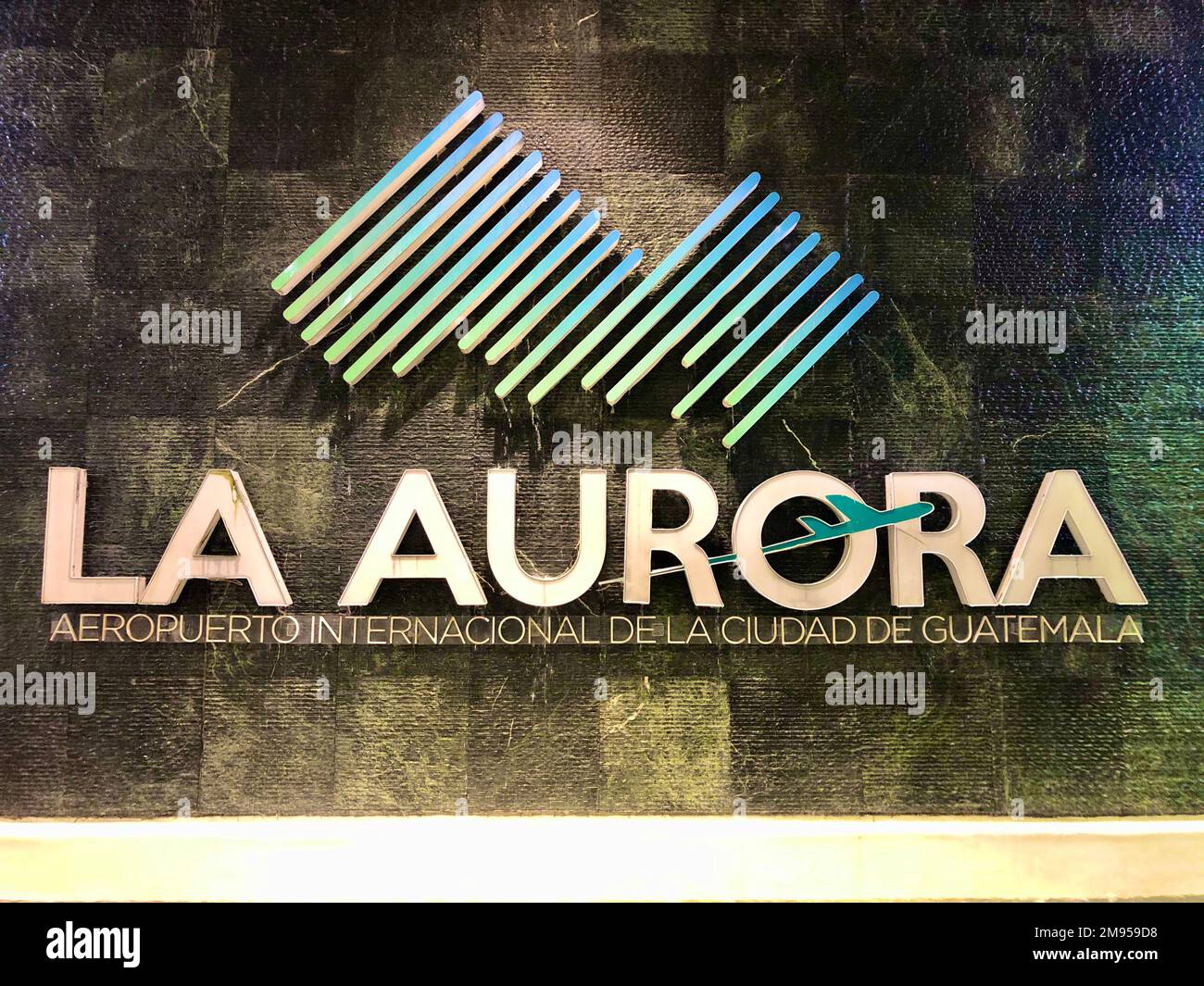 Signage of International Airport La Aurora in Guatemala City inside the airport Stock Photo