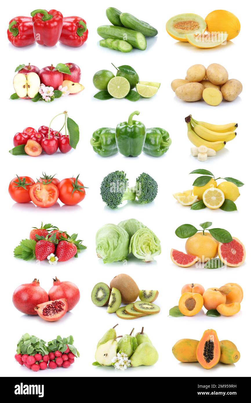 Fruits and vegetables background collection isolated on white with apple lemon tomatoes fresh fruit portrait format collage Stock Photo