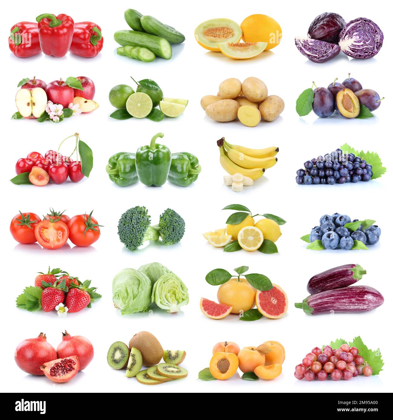 Fruits and vegetables background collection isolated on white with apple lemon tomatoes fresh fruit square collage Stock Photo