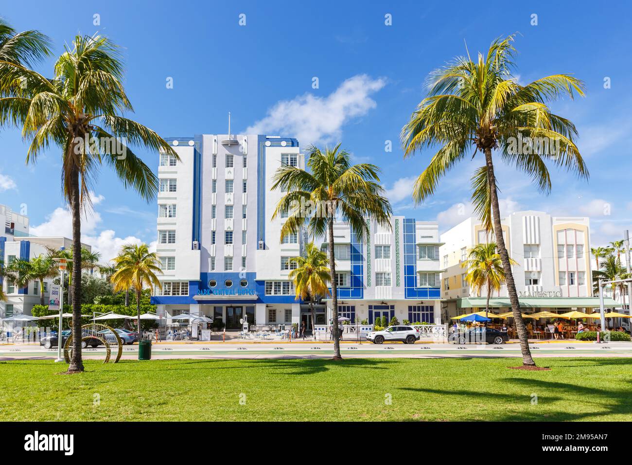 Miami Beach, United States - November 15, 2022: Ocean Drive with hotels in Art Deco architecture style in Miami Beach Florida, United States. Stock Photo