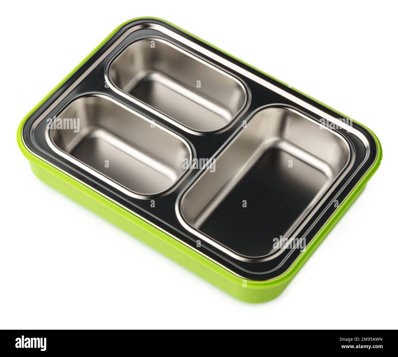 Empty lunch box with metal compartments isolated on white background