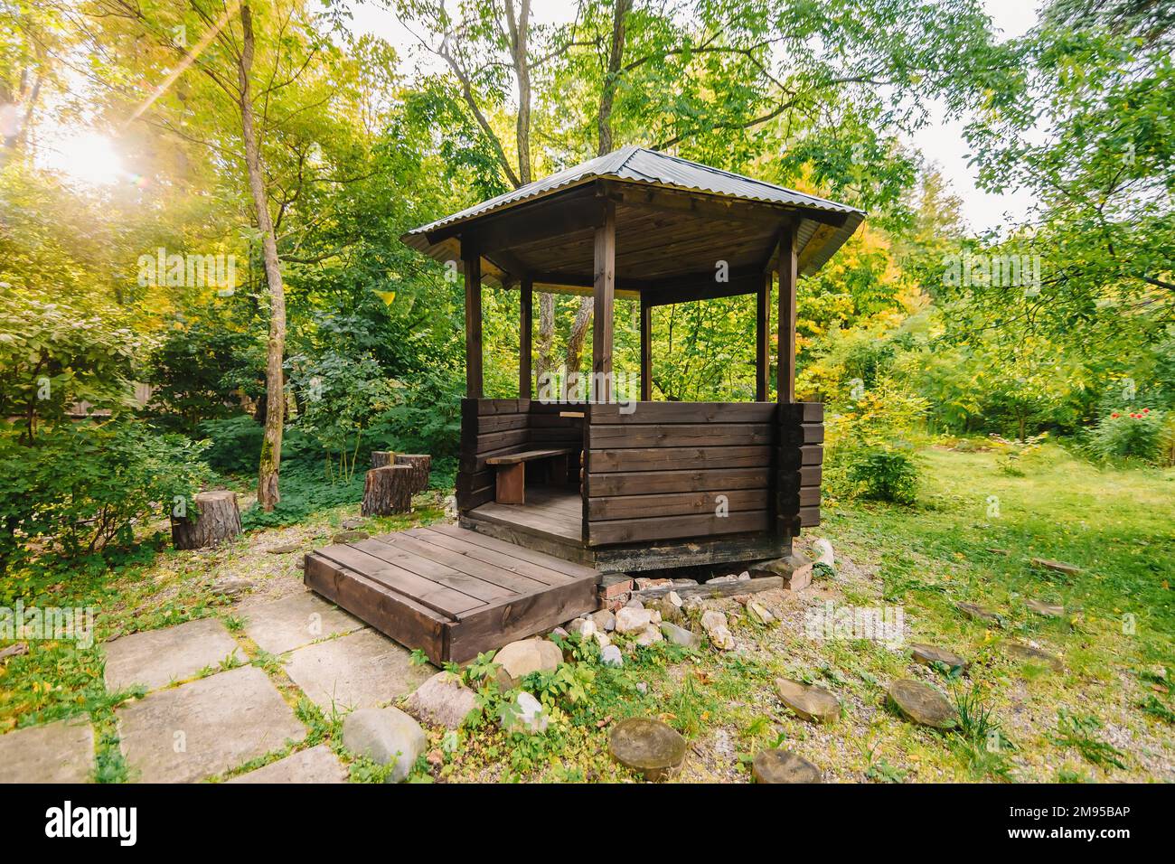 relaxing gazebo in the Park among the trees in summer Stock Photo