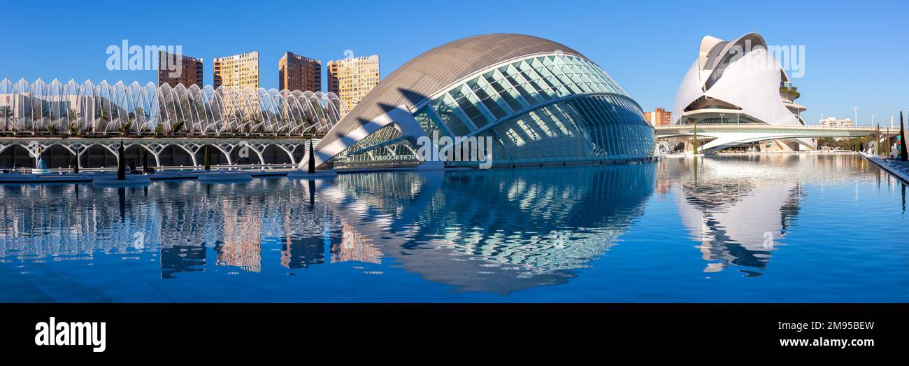 Valencia, Spain - February 18, 2022: Ciutat de les Arts i les Ciencies modern architecture by Santiago Calatrava panorama in Valencia, Spain. Stock Photo