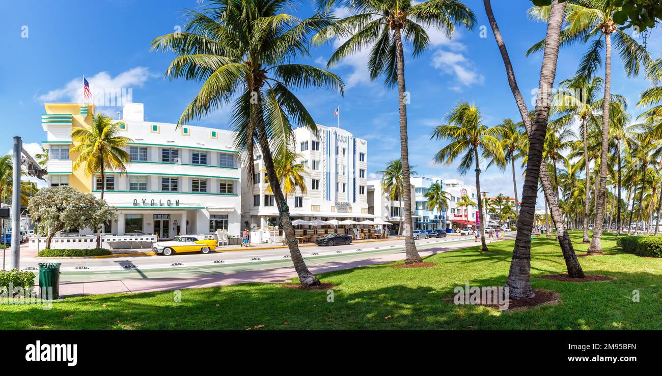 Miami Beach, United States - November 15, 2022: Ocean Drive with hotels in Art Deco architecture style panorama in Miami Beach Florida, United States. Stock Photo