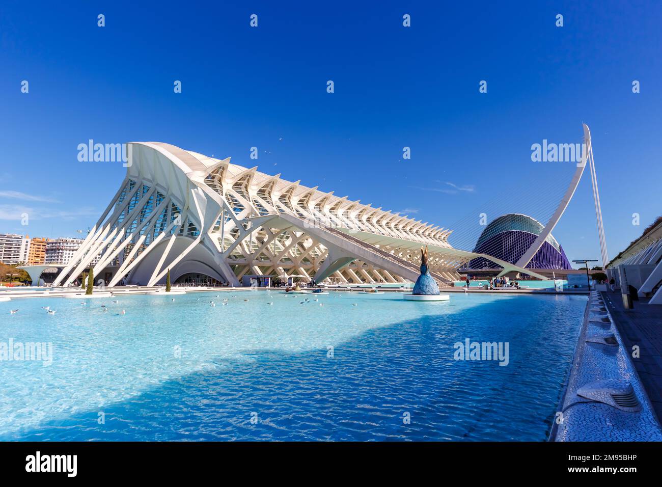 Valencia, Spain - February 18, 2022: Ciutat de les Arts i les Ciencies with science museum building modern architecture by Santiago Calatrava in Valen Stock Photo