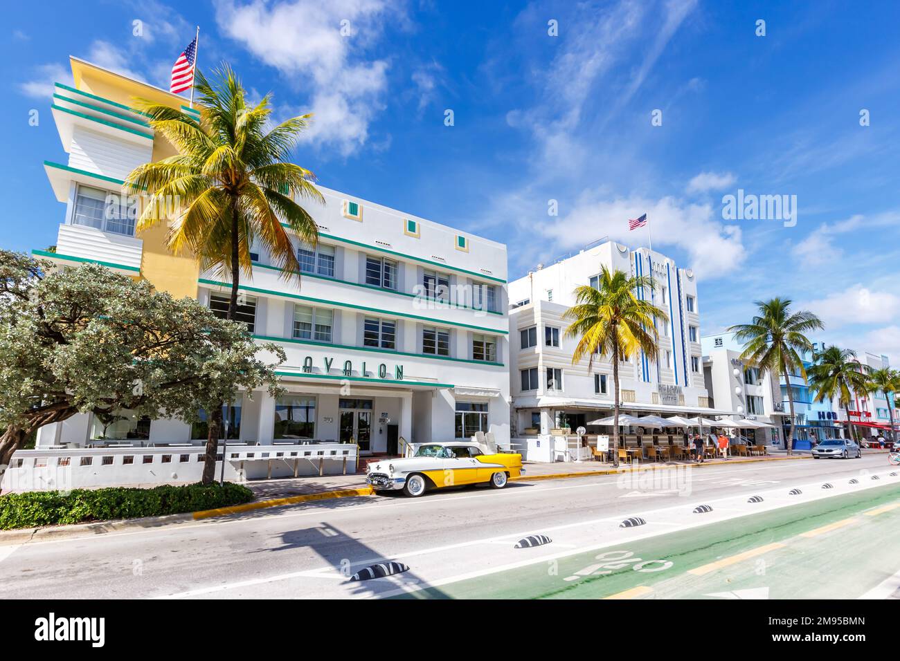 Miami Beach, United States - November 15, 2022: Avalon Hotel in Art Deco architecture style and classic car on Ocean Drive in Miami Beach Florida, Uni Stock Photo