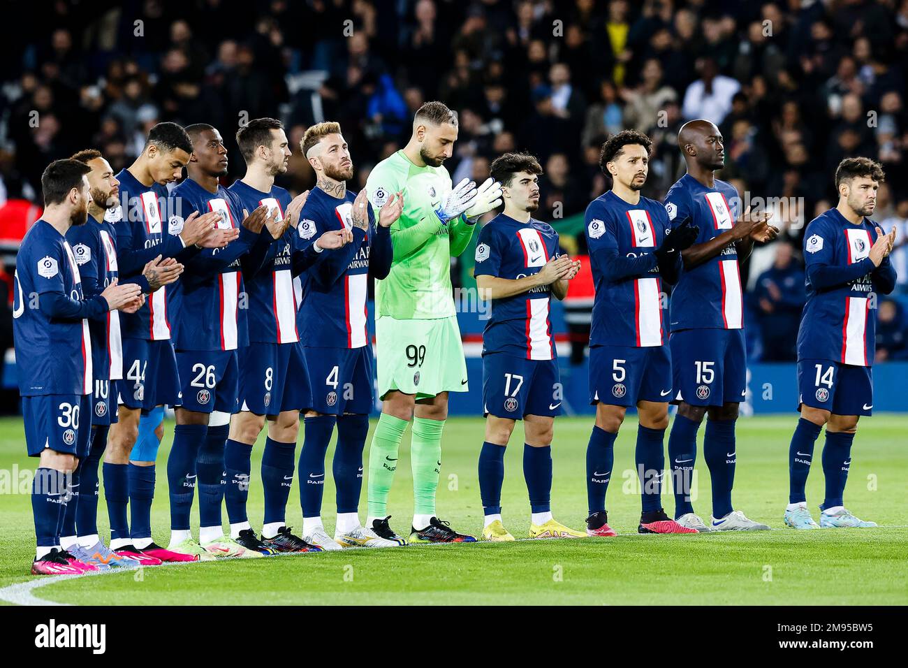 Paris, France - January 11: Paris Saint-Germain squad getting into the  field during the Ligue 1 match between Paris Saint-Germain and Angers SCO  at Parc des Princes on January 11, 2023 in