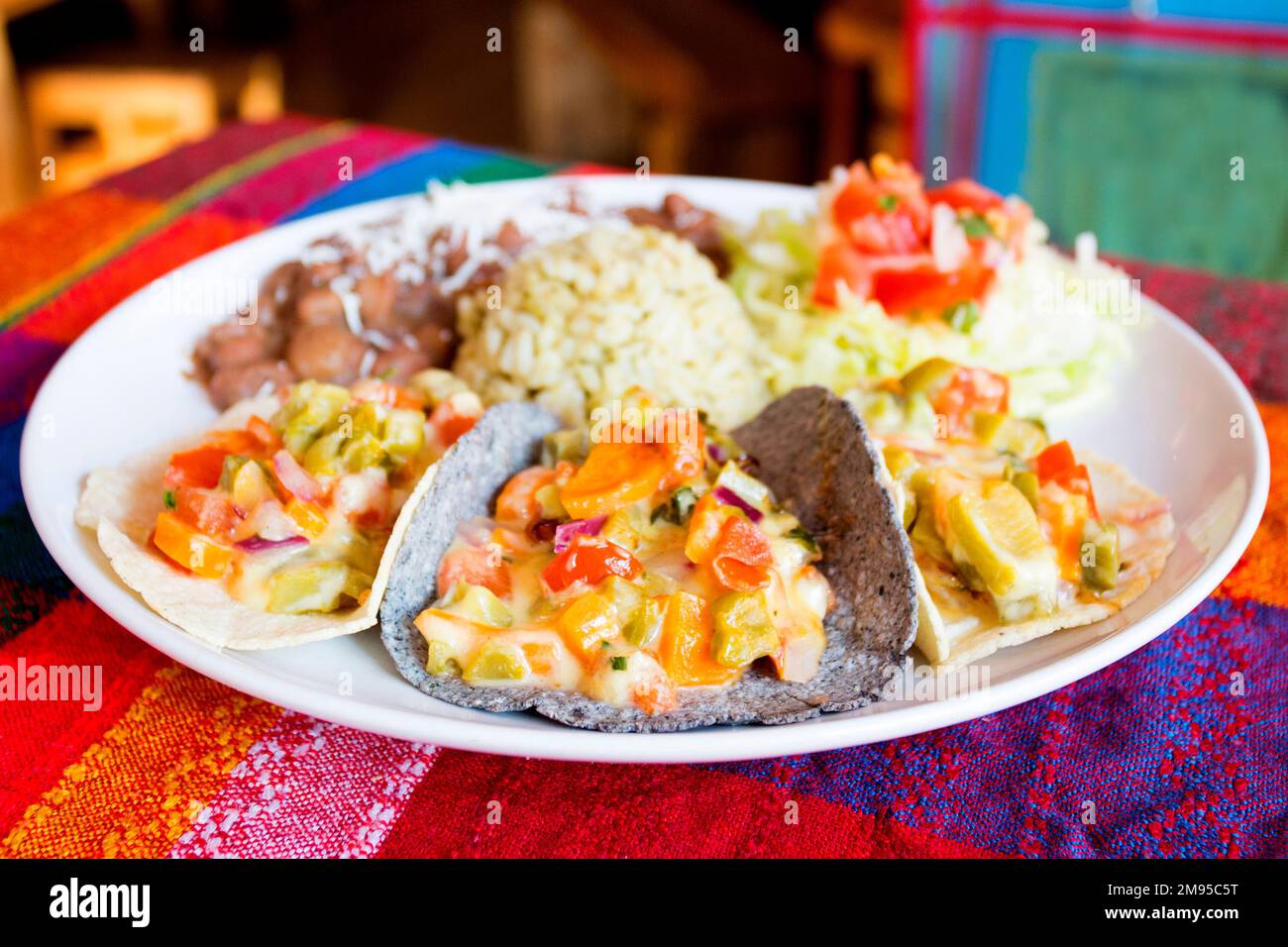 Vegetarian tacos. A taco is a traditional Mexican food consisting of a