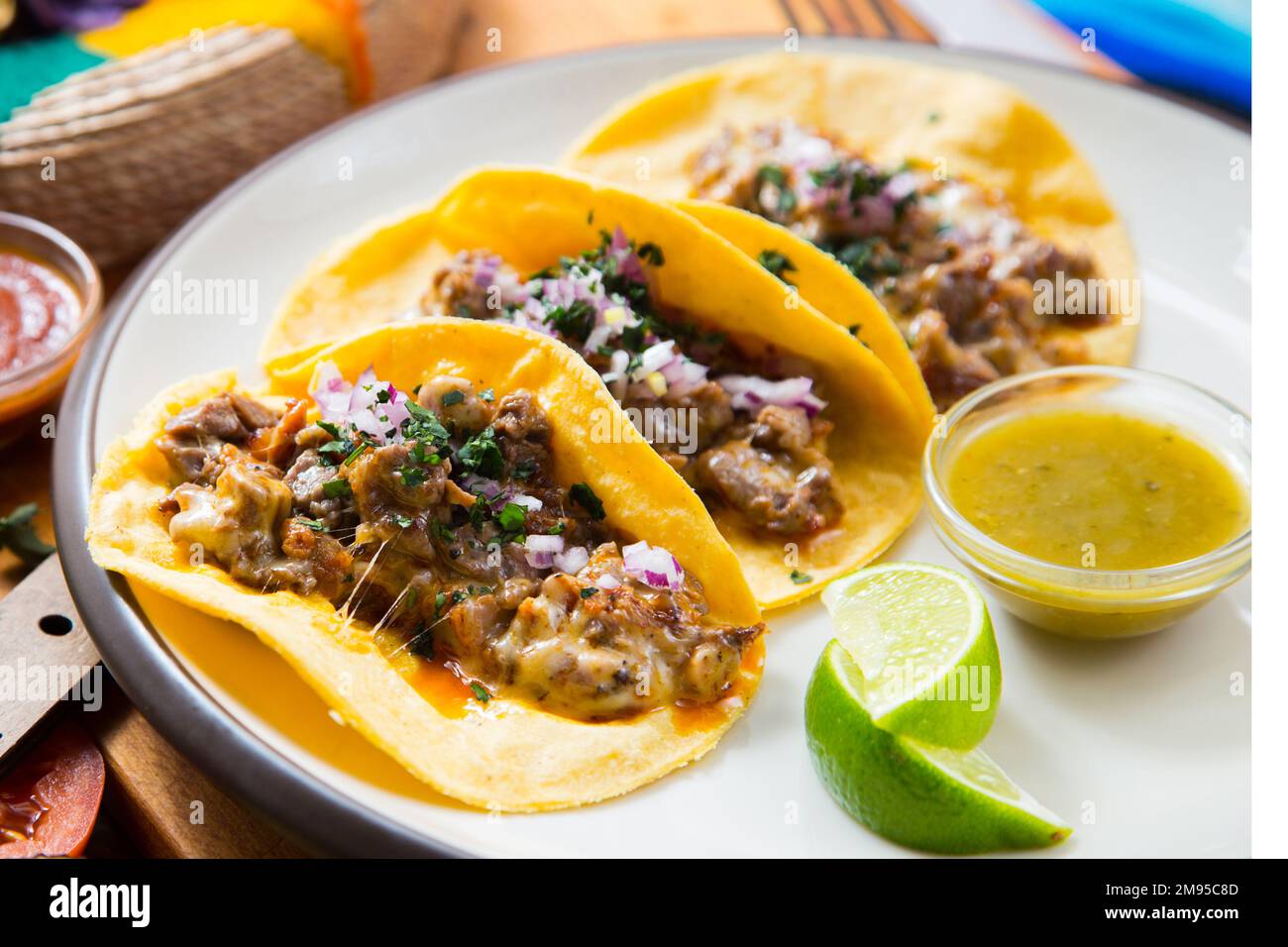 Beef tacos. A taco is a traditional Mexican food consisting of a small handsized corn tortilla