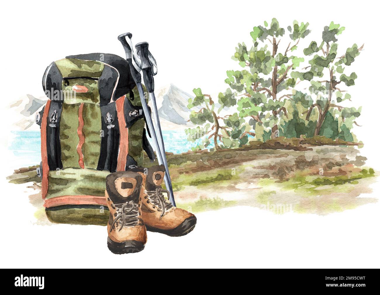 Green backpack and boots near the camping place. Hand drawn watercolor illustration isolated on white background Stock Photo