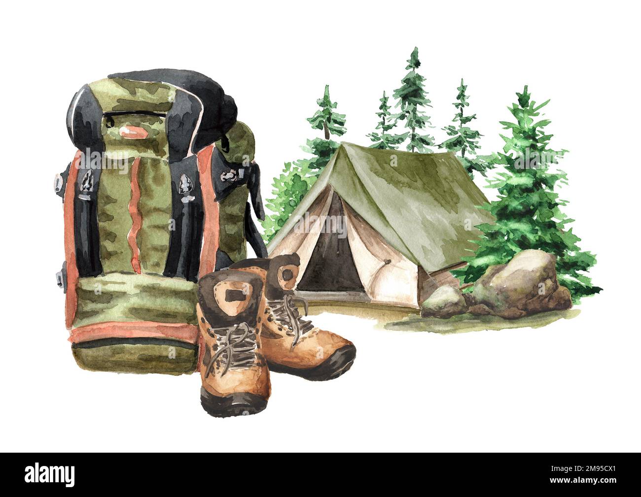 Green backpack and boots near the camping place. Hand drawn watercolor illustration, isolated on white background Stock Photo