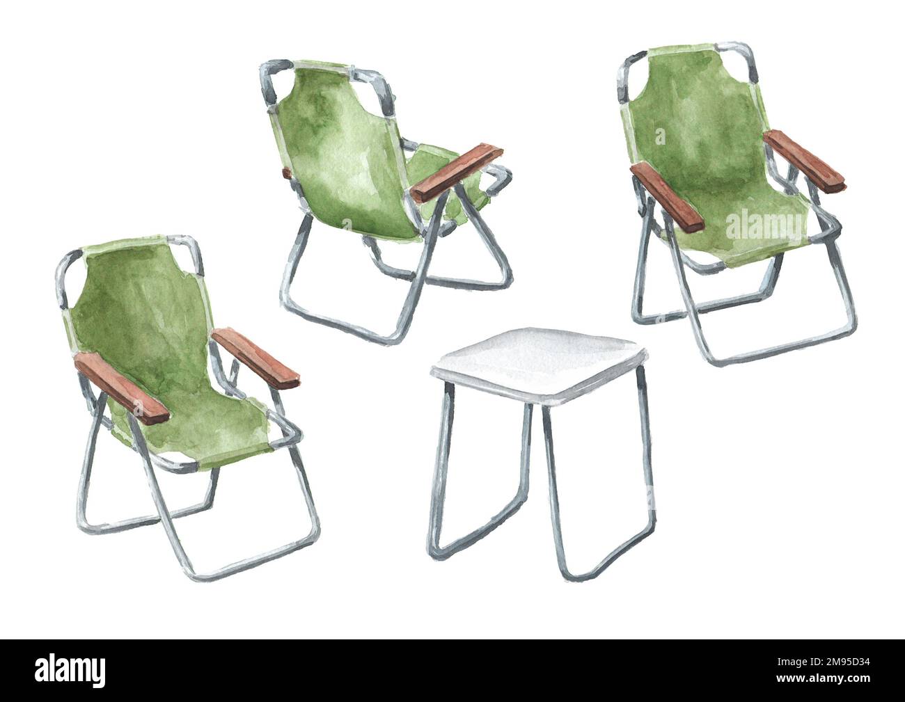 Hiking tourist chair and folding table set. Hand drawn watercolor