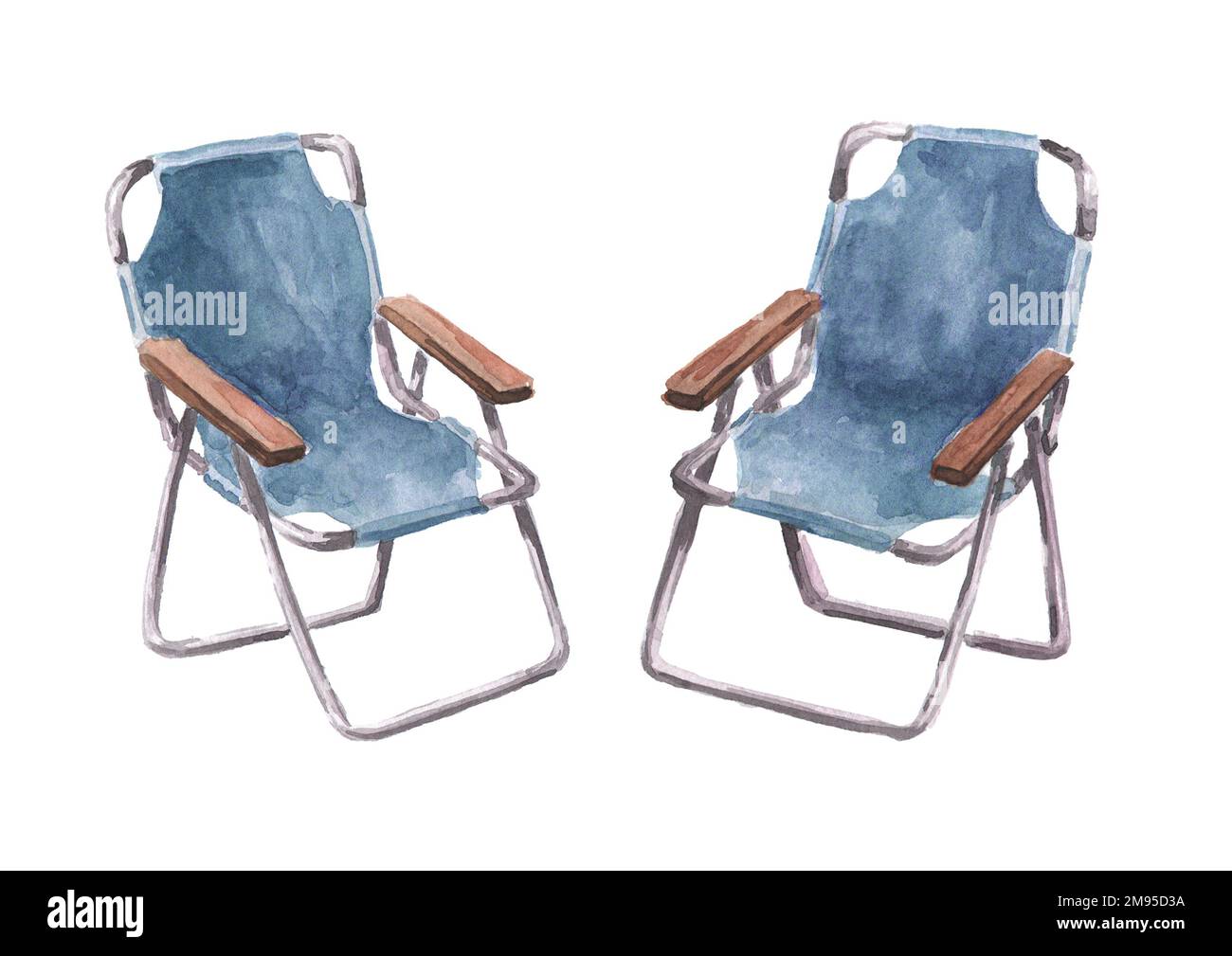 Hiking tourist chair and folding table set. Hand drawn watercolor