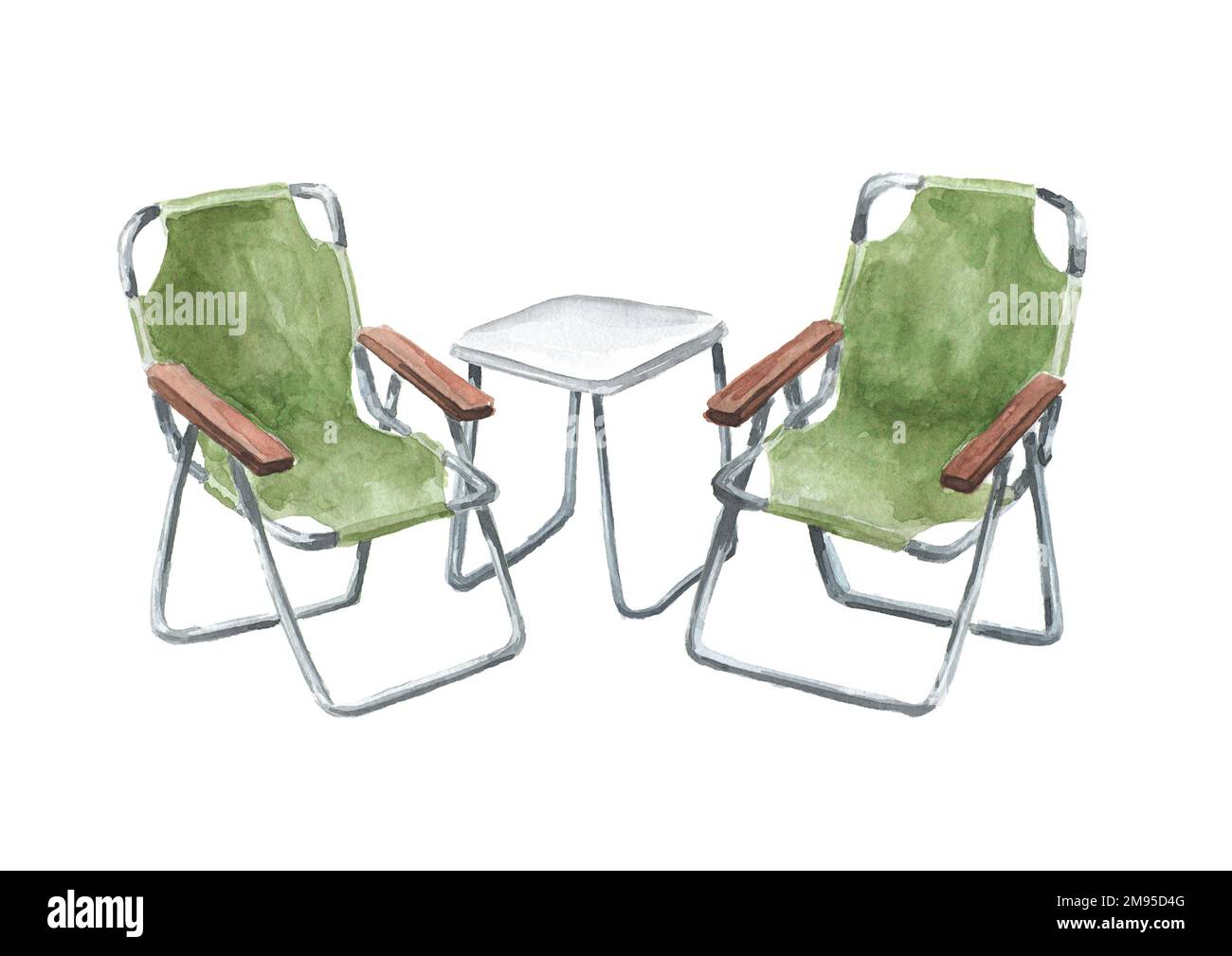 Hiking tourist chairs and folding table. Hand drawn watercolor