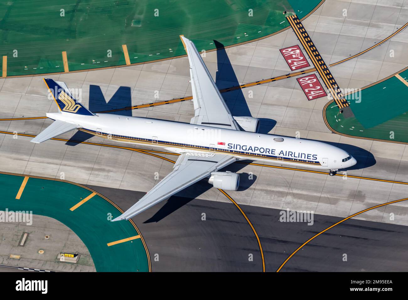 Los Angeles, United States - November 4, 2022: Singapore Airlines Boeing 777-300(ER) airplane at Los Angeles airport (LAX) in the United States aerial Stock Photo