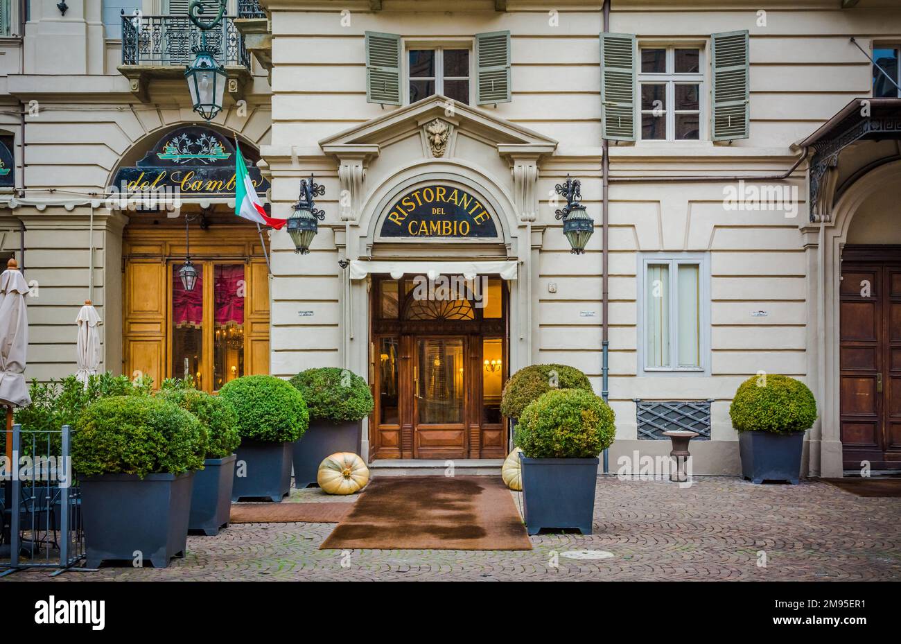 Facade of the famous restaurant' del Cambio' in Carignano square of Turin city, Piedmont region in northern Italy, Europe Stock Photo