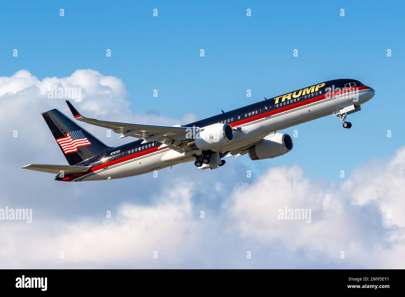 West Palm Beach, United States - November 13, 2022: Boeing 757-200 airplane of Donald Trump at Palm Beach airport (PBI) in the United States. Stock Photo