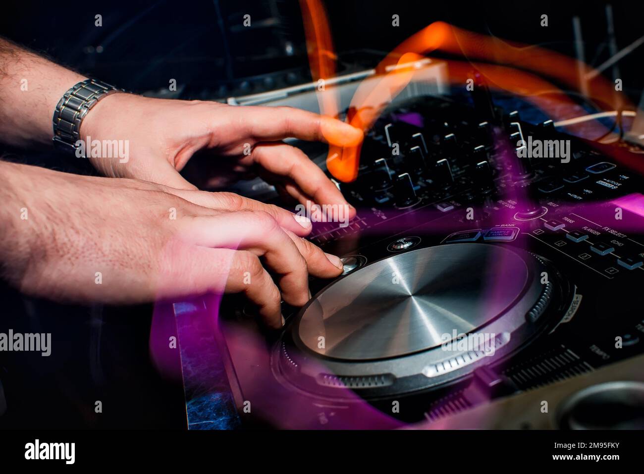 music console with controllers for DJ and hands, color Stock Photo Alamy