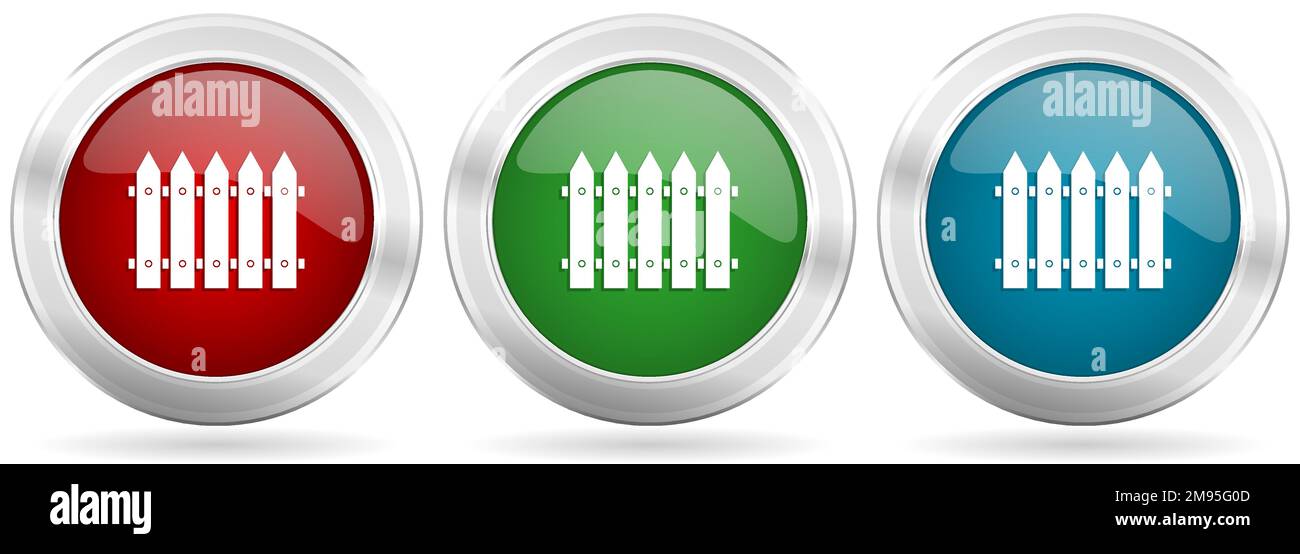 Wooden fence, barrier vector icon set. Red, blue and green silver ...