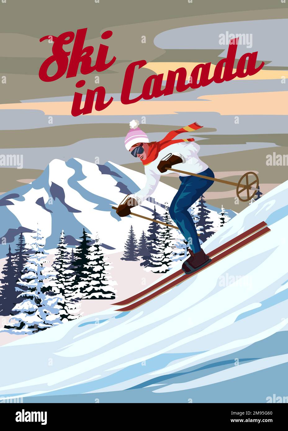 Travel poster Ski in Canada vintage. Canada winter landscape travel card Stock Vector