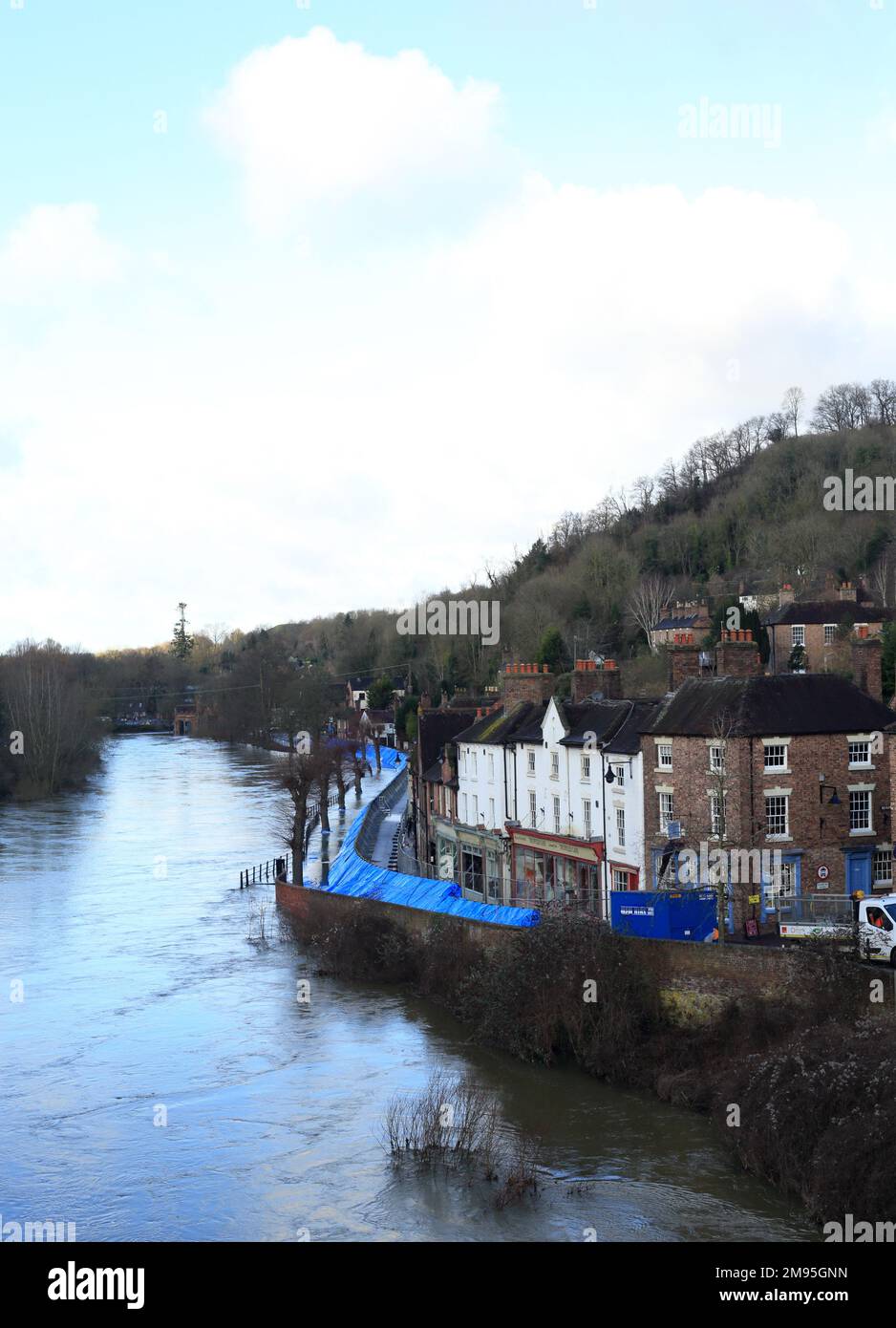 Ironbridge, Shropshire with erected flood defences. Stock Photo