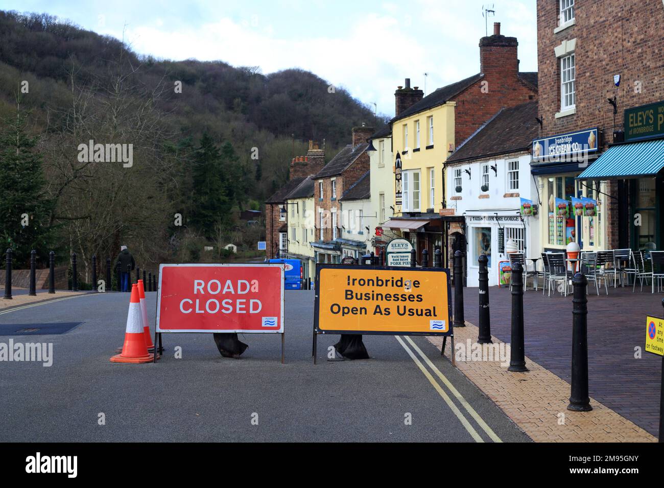 Road closed in Ironbridge, Shropshire due to erected flood defences. Stock Photo