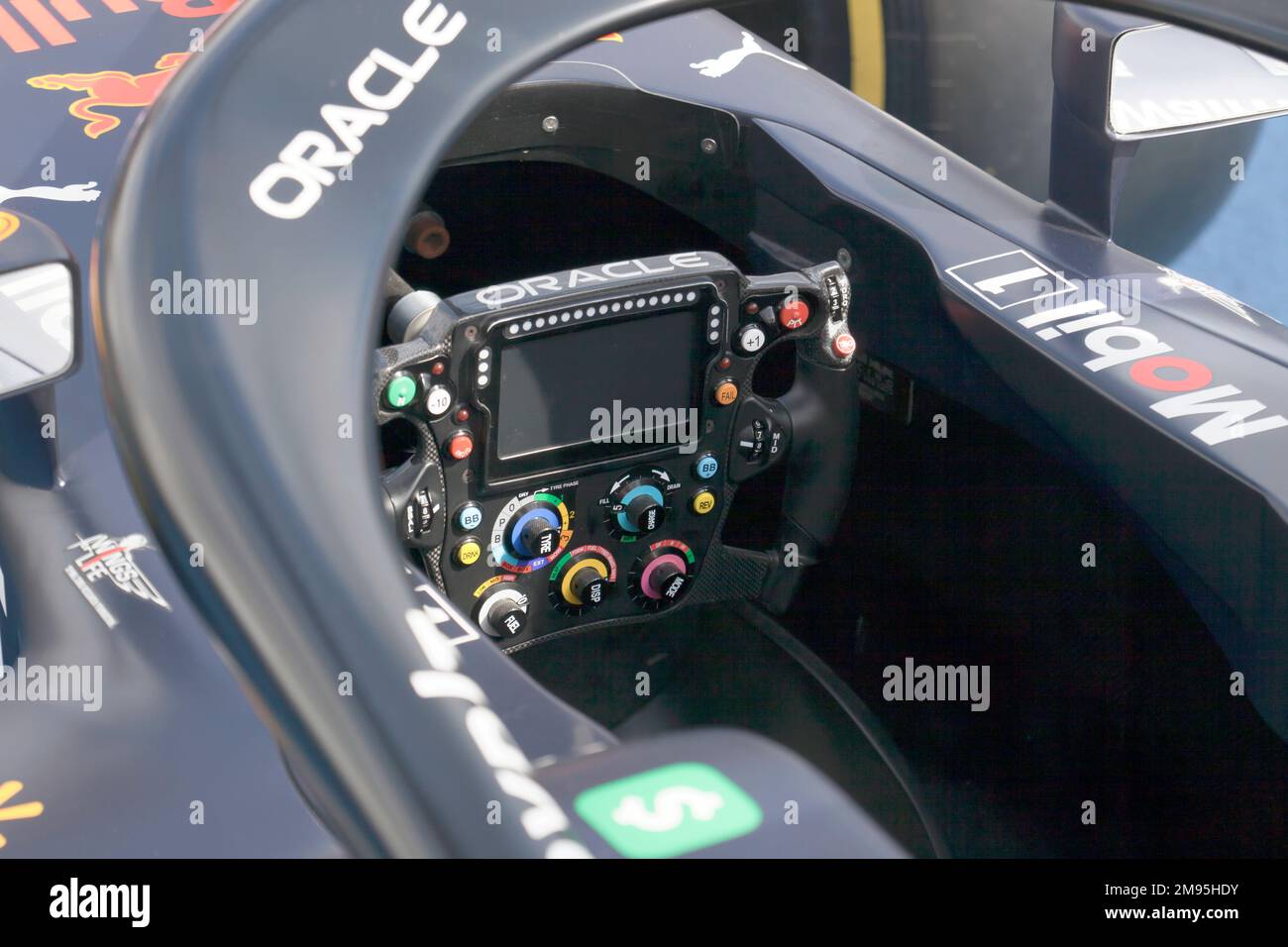 View of the Cockpit and Steering Wheel of Redbull Racing 2021 Formula One Car Driven by Sergio Pérez and Max Verstappen Stock Photo
