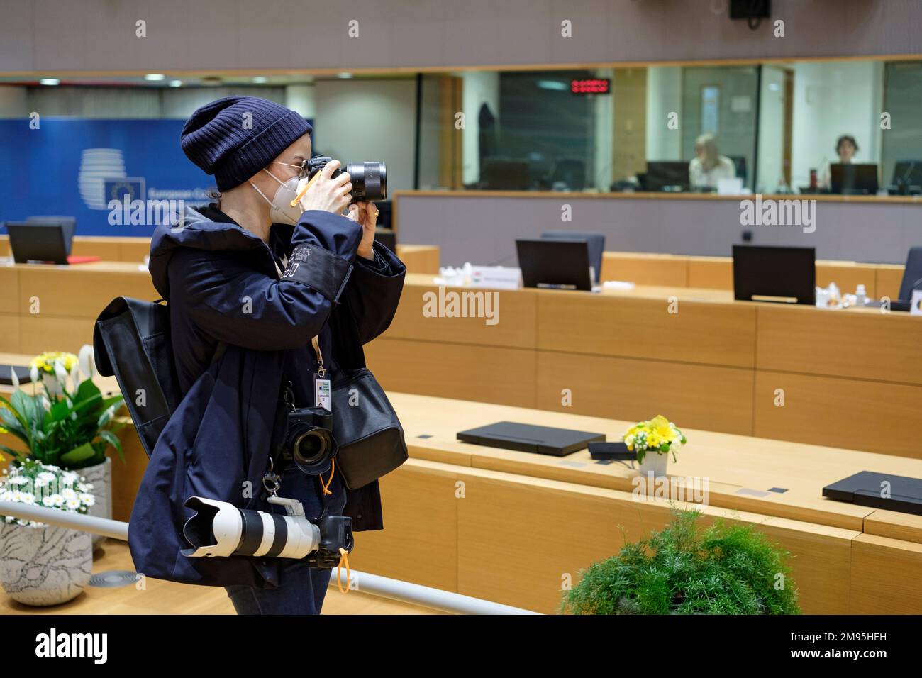Soazig de la Moissonniere, Emmanuel Macron’s official photographer, here during a business trip of the head of state to Brussels on March 25, 2022 Stock Photo