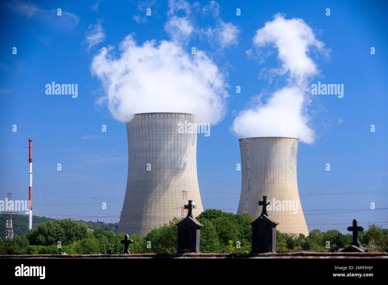 The Tihange Nuclear Power Station in Belgium, August 2022. Situated on the right bank of the River Meuse, the site consists of three second-generation Stock Photo