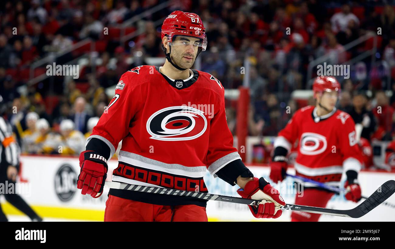 Carolina Hurricanes' Max Pacioretty (67) skates against the New Jersey  Devils during the second period of an NHL hockey game in Raleigh, N.C.,  Tuesday, Jan. 10, 2023. (AP Photo/Karl B DeBlaker Stock