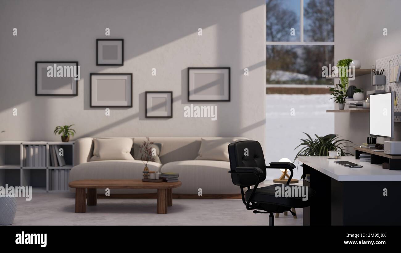 Modern living room with home office space interior design with