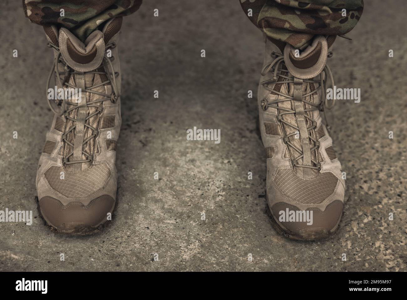 Close up picture of soldiers feet in boots Stock Photo