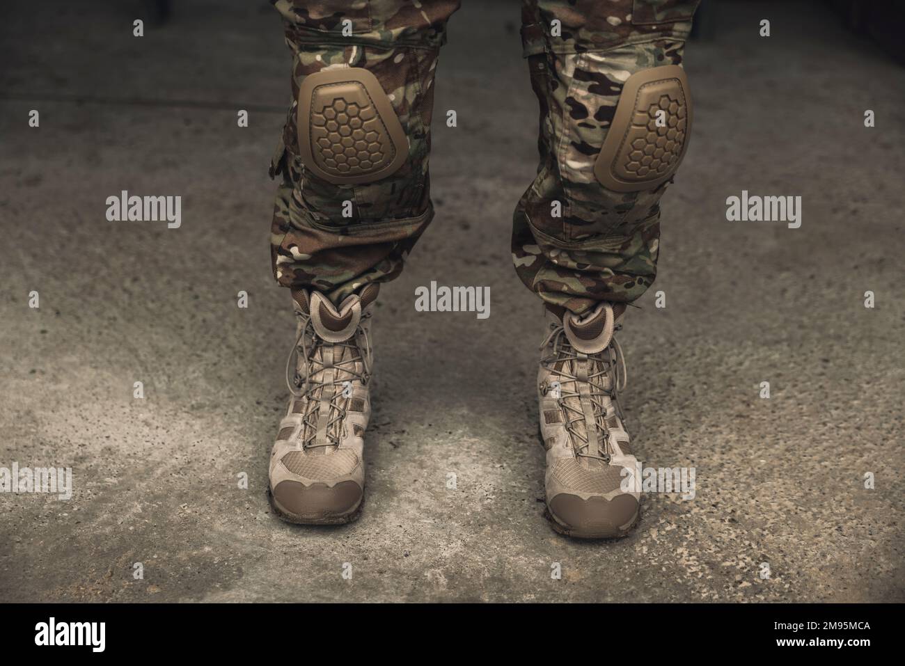 Close up picture of soldiers feet in boots Stock Photo