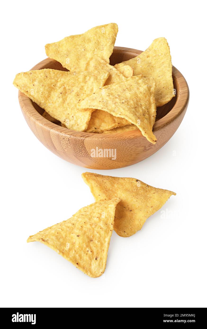 Corn chips in wooden bowl, isolated on white background Stock Photo