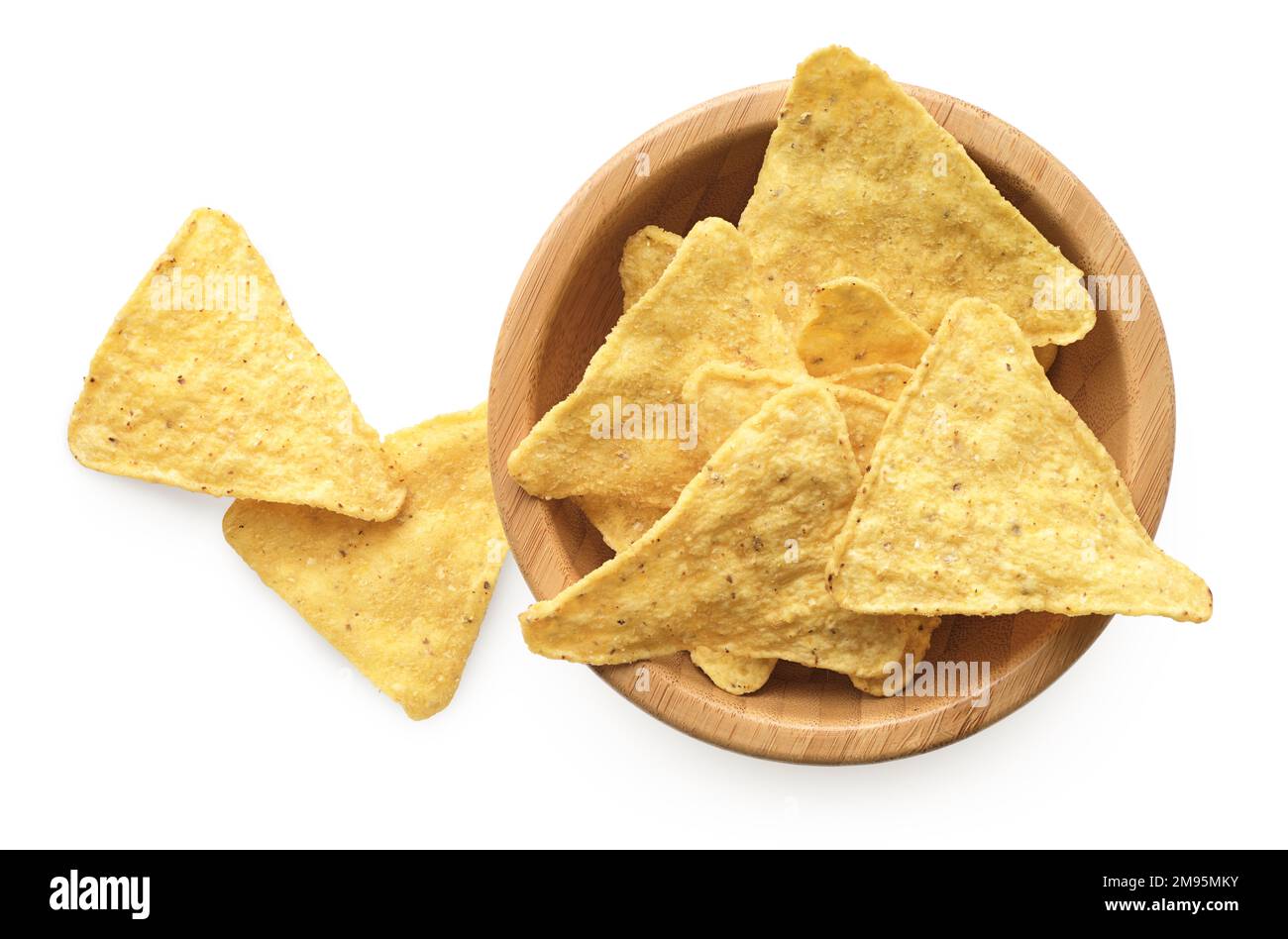 Corn chips in wooden bowl, isolated on white background Stock Photo