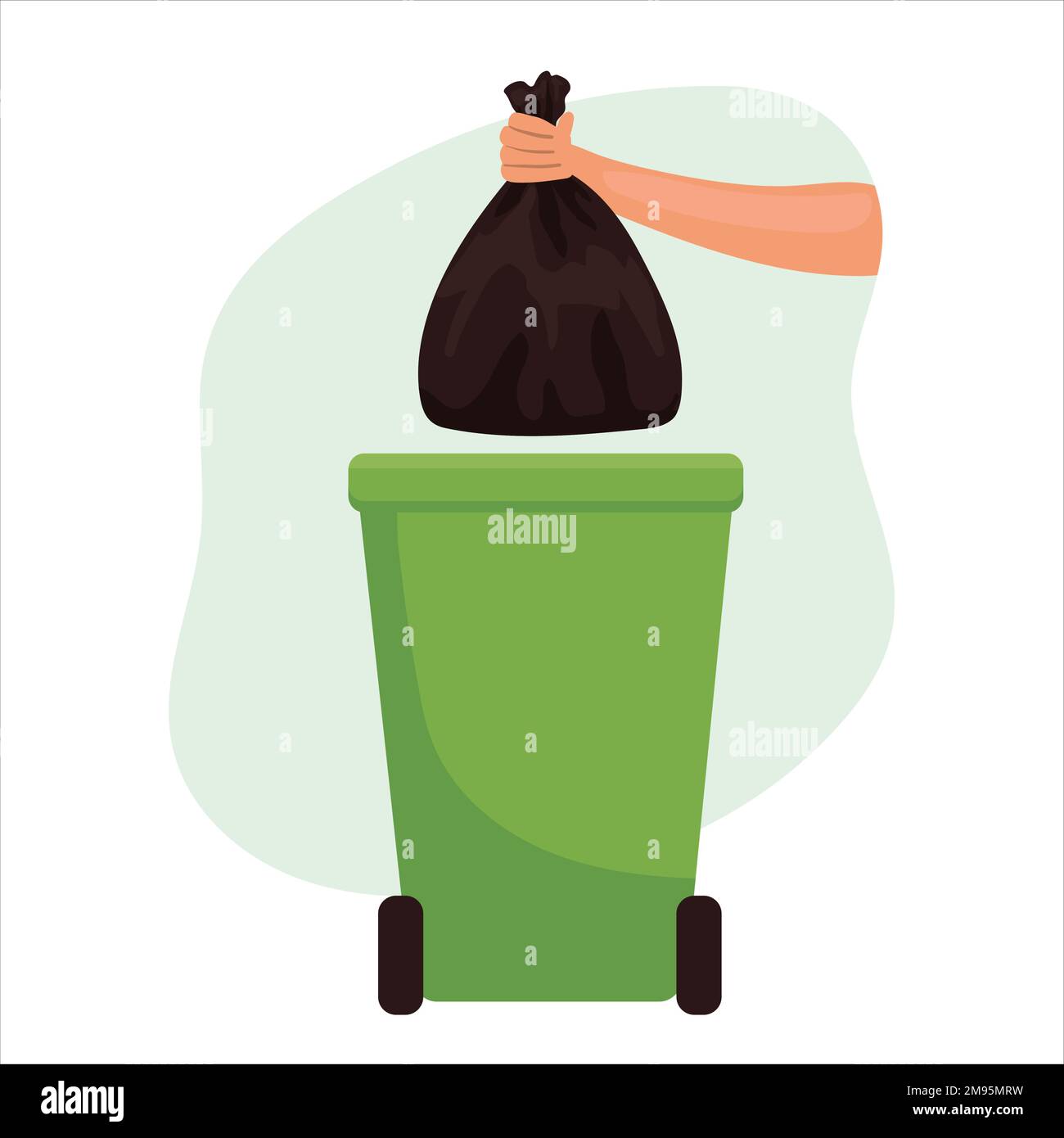 Hands holding garbage bags and trash bins, recycled icons, with a blue