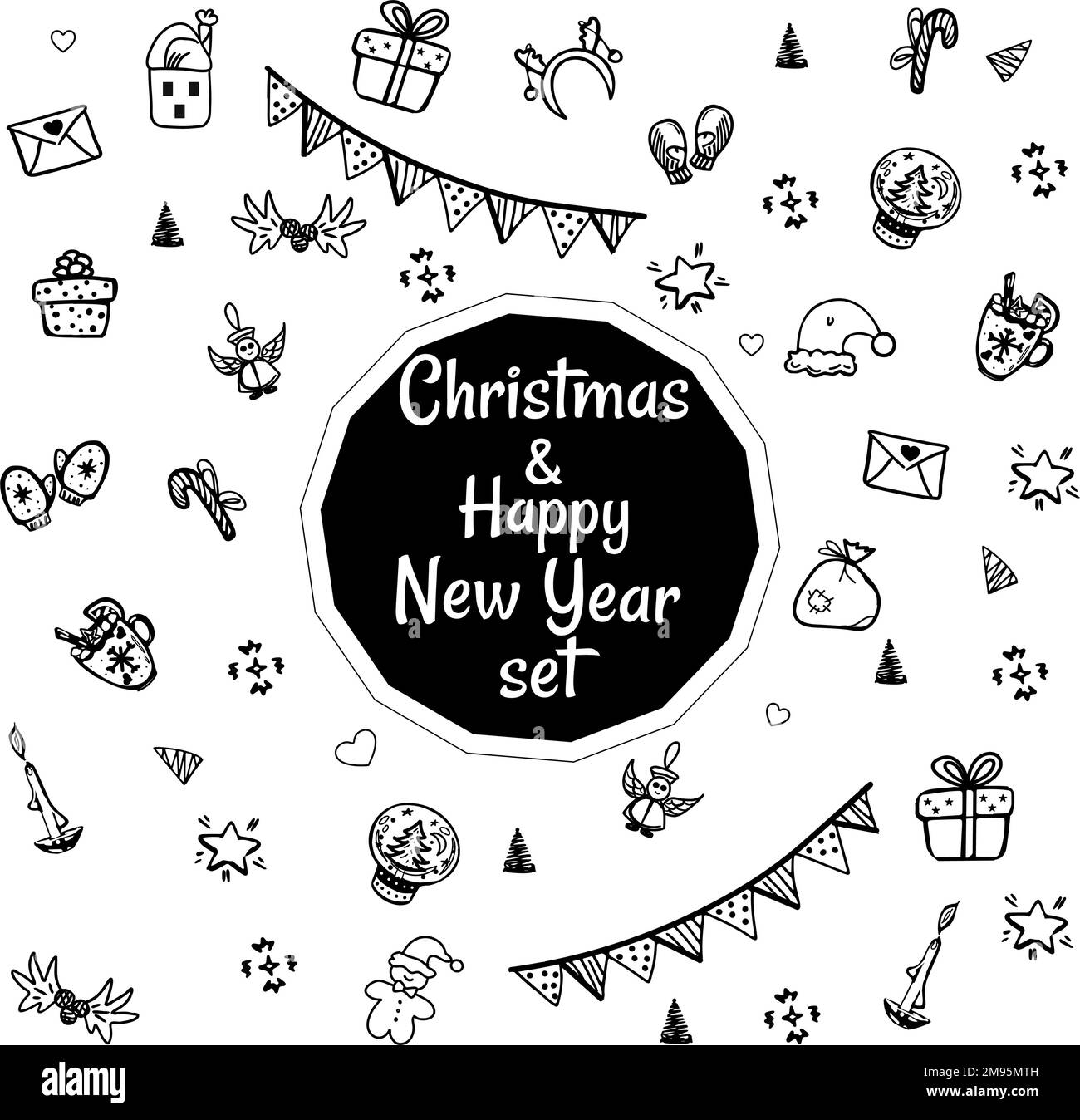 Happy new year.Vector illustration.Handdrawing different doodles set